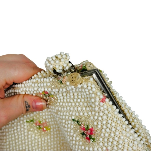 Lumured 1950s Corde Beaded Floral Embroidered Mini Bag Clutch Purse Cream Pink - Picture 14 of 15